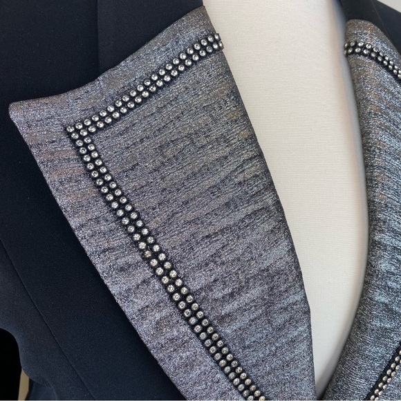 Caramia Vintage Jacket Blazer Black Rhinestones Silver Metallic Lapels Size 16 - Picture 2 of 15
